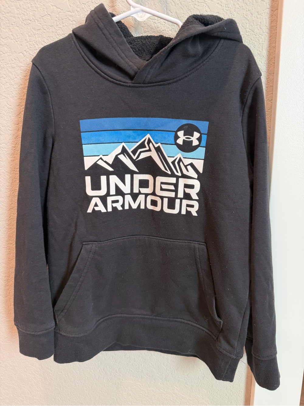 Under Armour Black Hoodie with Blue Gradient Mountain Graphic